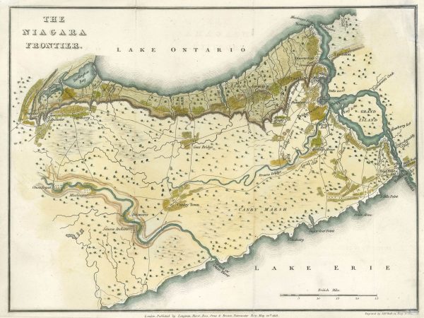 An antique map of the Niagara region and Lake Ontario.