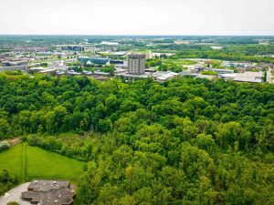 An aerial view of Brock University's main campus on a sunny day.