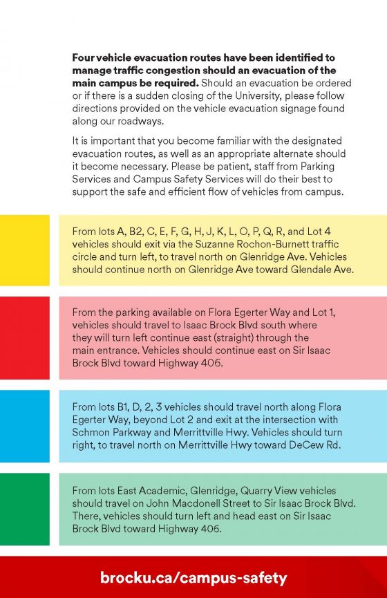 Colour coded evacuation route based on parking lot location.