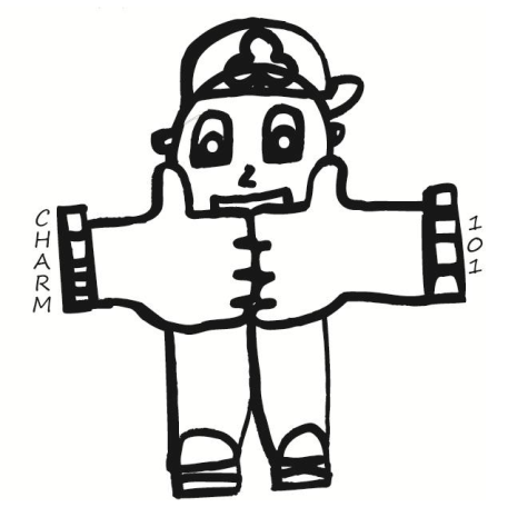 C.H.A.R.M logo. A drawing of a person with their hands and two thumbs up covering part of their face. The word CHARM beside the left hand and 101 beside the right hand.