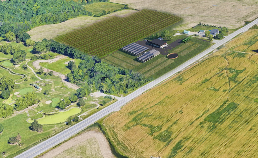 arial photo and Artist's rendering of a proposed research farm 