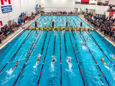 Eleanor Misener Aquatic Centre at Brock University swim competion from above