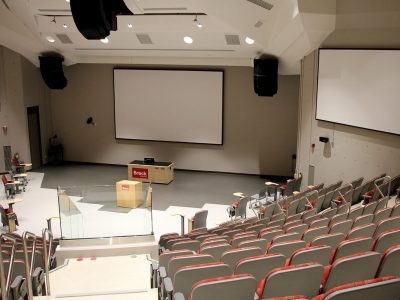 stadium seats facing the stage at Sean O’Sullivan Theatre at Brock University