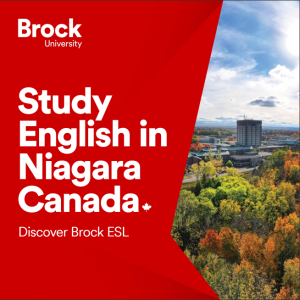 Brochure Cover image of ESL Viewbook with text study English in Niagara Canada
