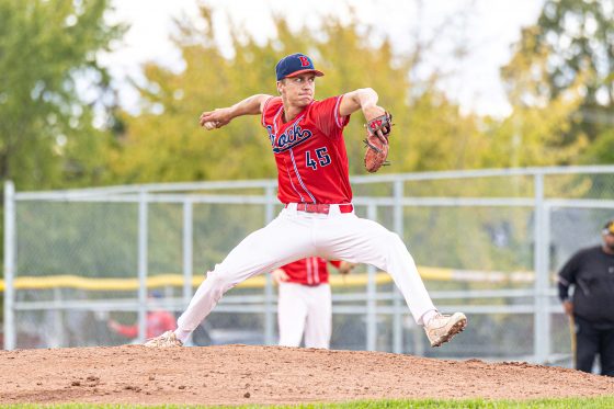 Brock Baseball Pitcher in Mid-Throw