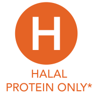 an H on an orange circle with Halal Protein Only underneath