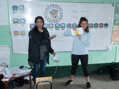 Brock students Tiffany Harrilal and Eliza Herter teaching an English lesson at a local elementary school in Guatemala.