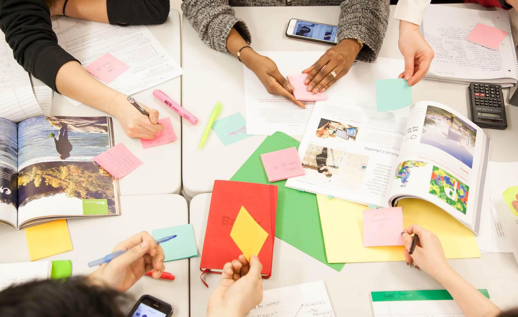 An aerial shot of a table at the Brock Library shows hands working with post-its and other materials. 