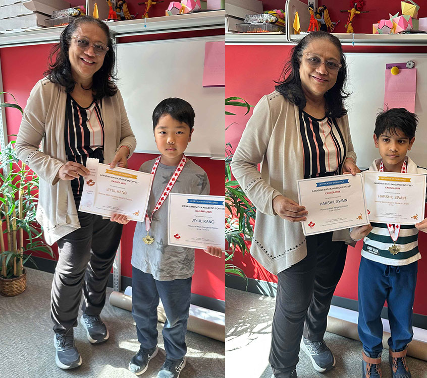 A Brock professor and a young math competition winner stand together holding certificates.