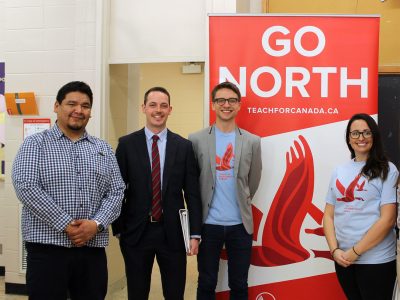 Chancillor Crane, Teacher Recruitment Manager at Teach for Canada; James McLeod, second-year Consecutive Teacher Education student; Brendan Yorke, Director of Teacher Recruitment and Selection at Teach for Canada; Natasha Davey, Teacher Development Manager at Teach for Canada; and Maggie Kolasiewicz-Carter, fifth-year Concurrent Education Student. Teach for Canada is a non-profit organization working with northern First Nations to recruit and support teachers.