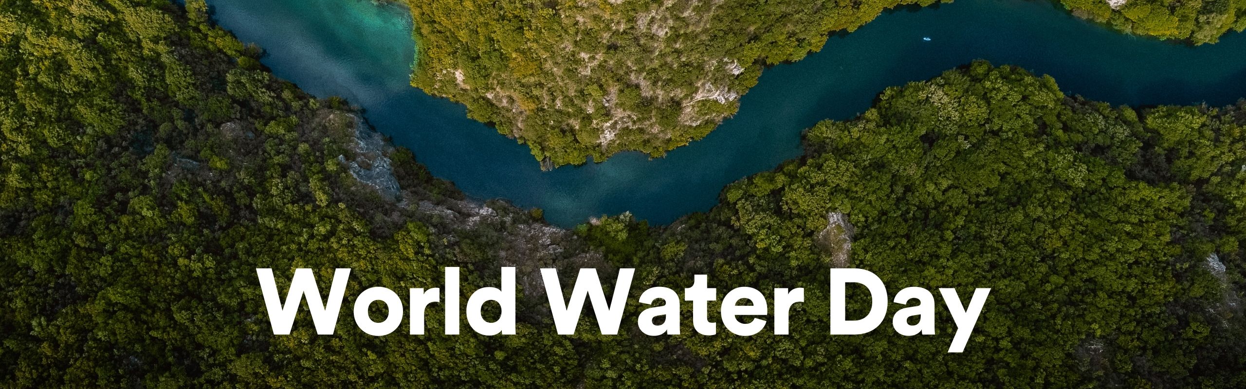 Aerial view of a river curving through lush green mountains with text overlay that reads World Water Day.