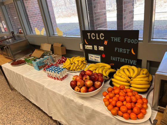 Table with free fruits and vegetables