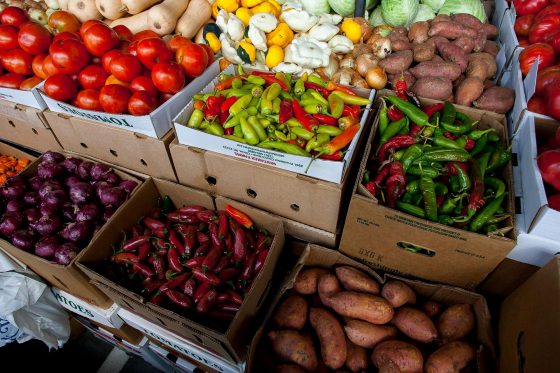 Boxes on shelves full of fruits and vegetables