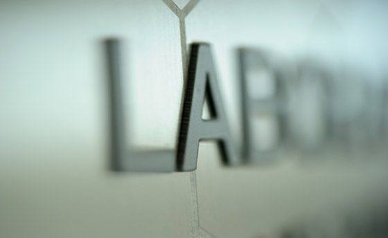 Close up of raised letters on wall, spelling "Laboratory"