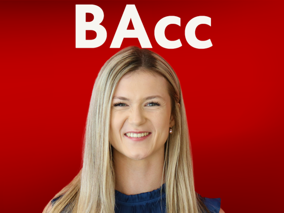 Student on red background with BAcc text