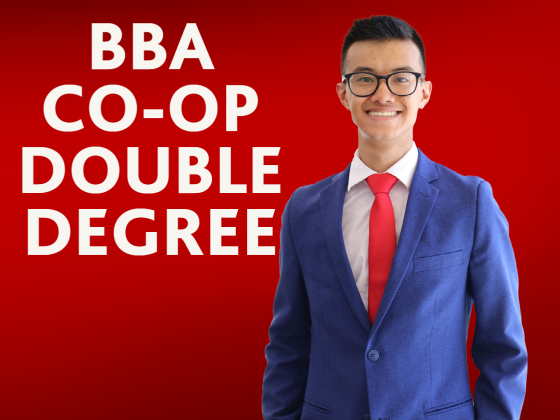 Student on red background with BBA Co-op Double Degree text