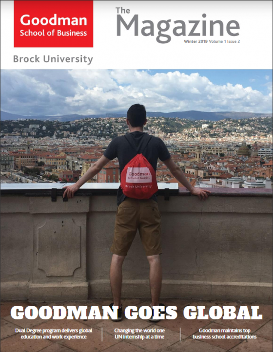 A Goodman exchange student featured on Goodman magazine overlooks cityscape