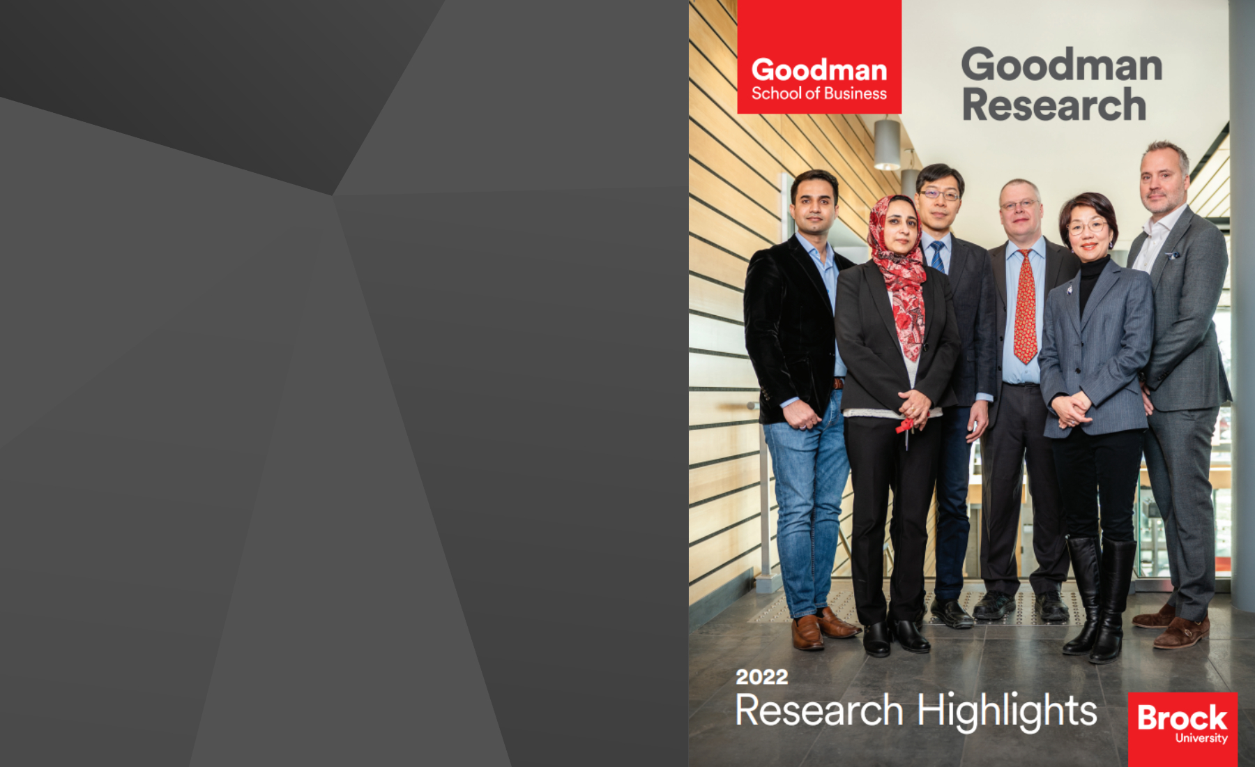 Grey geometric background with cover photo of the Goodman research brochure (6 researchers standing) 