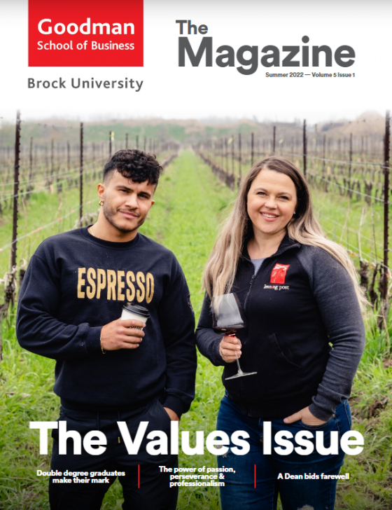 Goodman The Magazine, Summer 2022 Cover, two alumni smiling "The Values Issue"