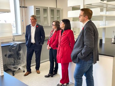 Vance Badawey, MP for Niagara Centre (left), Dr. Lesley Rigg, President and Vice-Chancellor (centre left), the Hon. Filomena Tassi, Minister responsible for the Federal Development Agency of Southern Ontario (centre right), and Chris Bittle, MP for St. Catharines (right) tour the Brock-Niagara Validating, Prototyping, and Manufacturing Institute in November 2022.