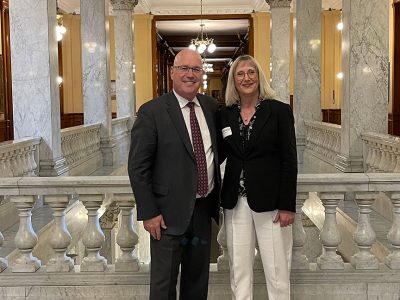 Hon. Steve Clark, Minister of Municipal Affairs and Housing with Dr. Lynn Wells, Brock University Provost and Vice-President Academic at Queen's Park for Niagara Week on May 15, 2023