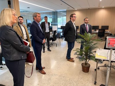 Hon. Omar Alghabra, Minister of Transport, participates in a tour of the Brock Makerspace with MP Vance Badawey and MP Chris Bittle.