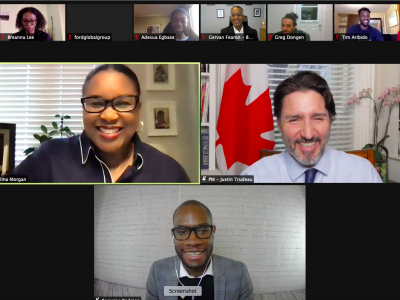 Priminister Trudeau on zoom call with others