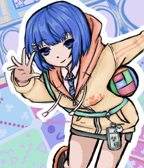 Hand drawn image by a SAS student containing a cartoon girl posing for a photo 