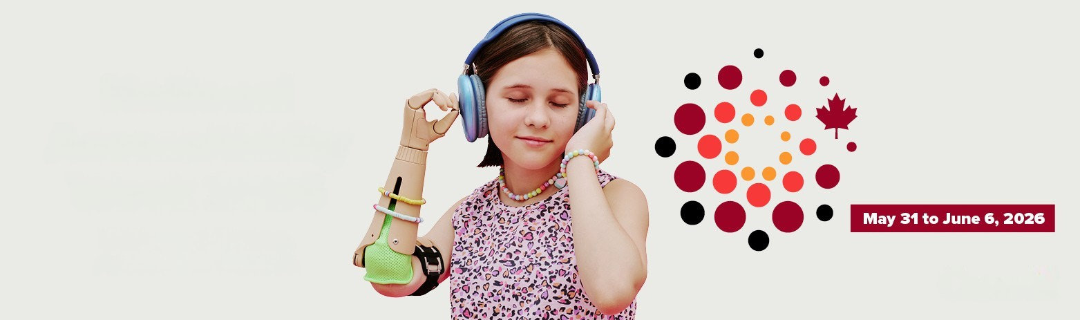 National AccessAbility Week 2026. Building a Strong, Accessible Canada. May 31 to June 6, 2026. Text is followed by a photo of a young person with a prosthetic arm, wearing headphones. The visual starts with the Employment and Social Development Canada's signature and ends with the Brock Wordmark. 