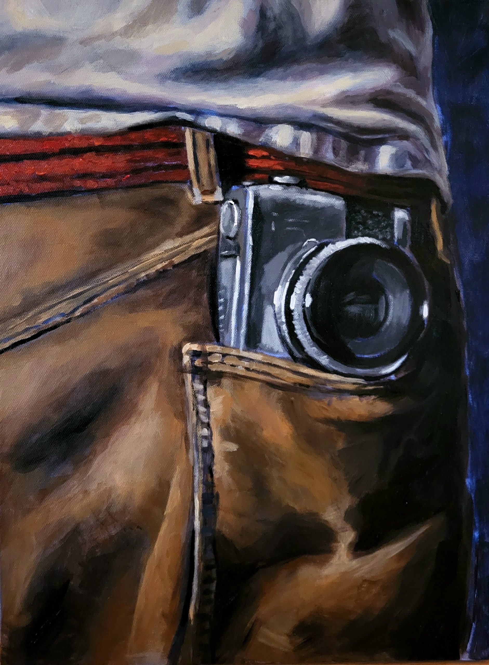 painted artwork showing a persons pant pocket holding a camera