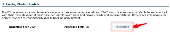 Location of the "Submit RSU" button in the "Returning Student Update" text section within the OASIS Student Portal.