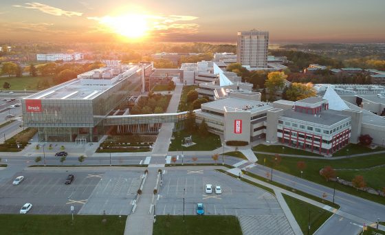 An aerial view of the Brock campus at sunset.