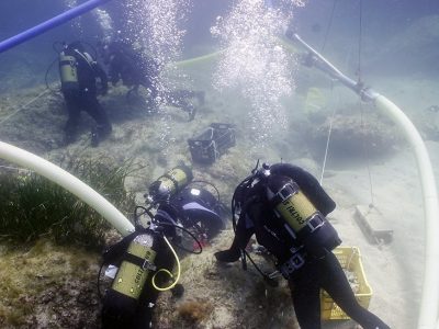 4 scuba divers surveying rock
