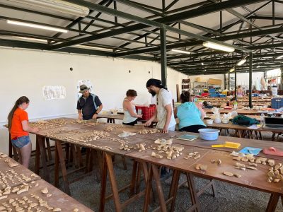 5 students Sorting pottery sherds from Gournia