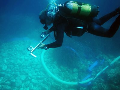 scuba diver with a camera bar filming bed of rocks