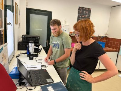 Sam Kelly and INSTAP conservator Kathy Hall working with the portable XRF spectrometer to analyze obsidian