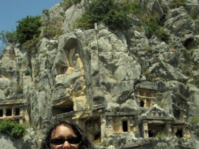 Amanda delivers a presentation at the rock cut tombs in Demre