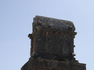 Students seek shade beneath the Harpy Tomb at Xanthos