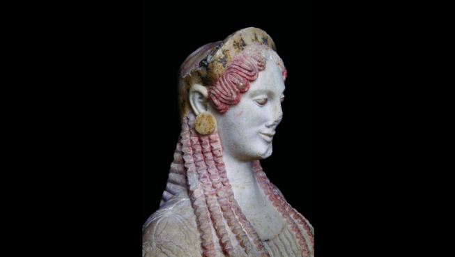 Greek Art: “” Kore clothed with a peplon”” (Core) Marble sculpture of archaic period, 530 BC,