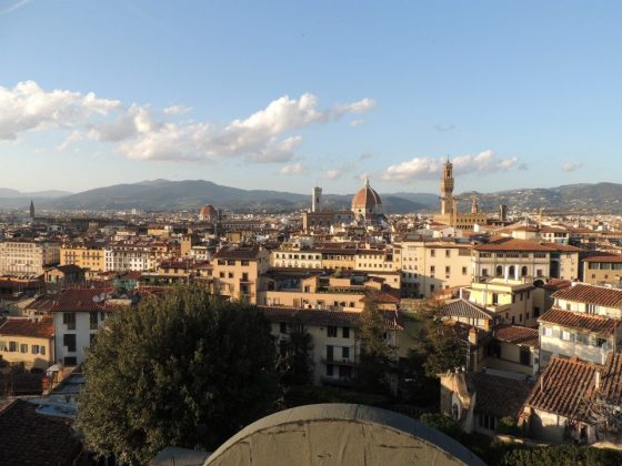 Panoramic cityscape of Florence, Italy, featuring the iconic red dome of the Duomo and the Palazzo Vecchio tower rising above terracotta rooftops with mountains in the background.