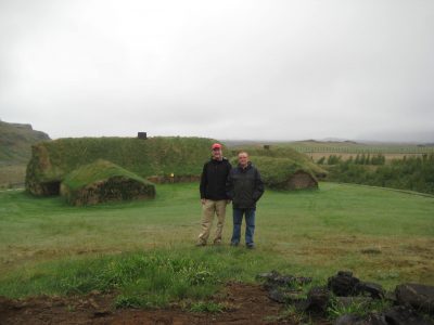 Profs. McDonald and Somerville at reconstructed medieval house