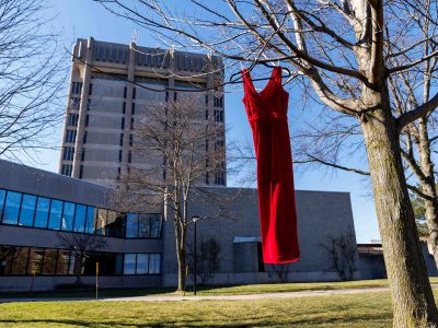 A red dress hangs on a bare tree in front of a building on a sunny day. This is part of the Red Dress Project gallery.