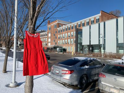 red dress hanging from a tree outside Brock University