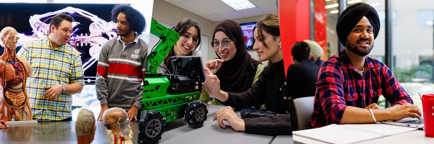 Kineisiology student and professor with anatomy models, 3 computer science students and a robot, a Goodman business student smiling