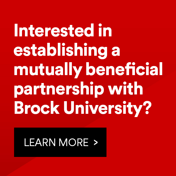 A button to click through to learn more about establishing a mutually beneficial partnership with Brock University