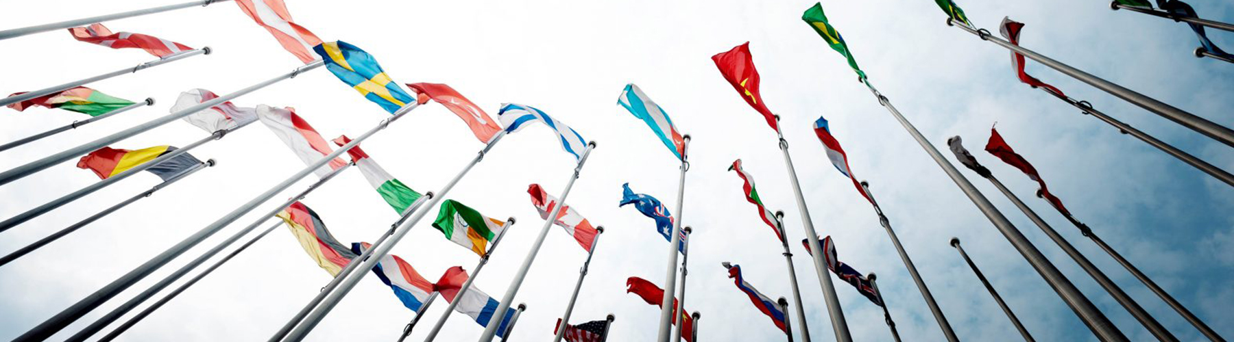 A photo of many flag poles with international flags waving, taken from the ground looking up at the sky.