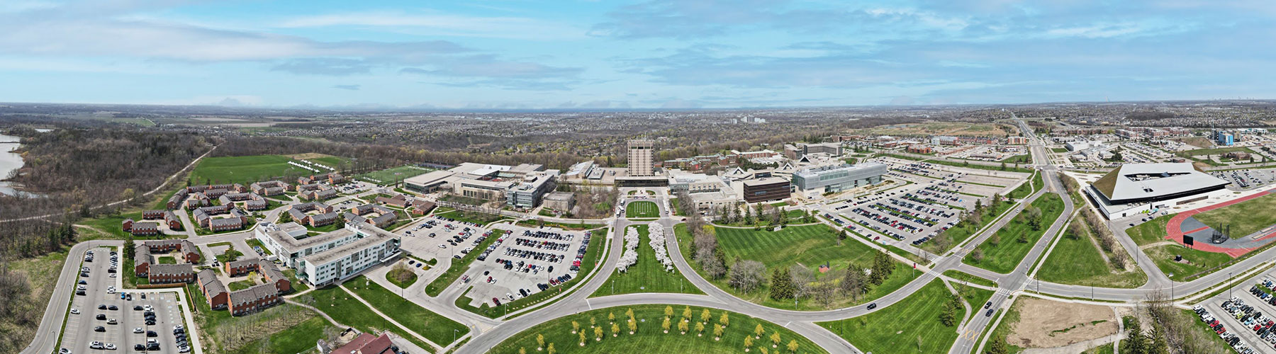 An aerial photo of Brock University's main campus in St. Catharines, Ontario.