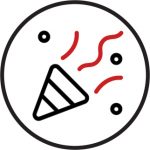 A graphic or icon showing a party horn enclosed within a circle.