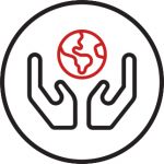 A graphic or icon showing two hands holding a globe enclosed within a circle.