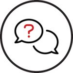A graphic or icon showing two speech bubbles with a question mark enclosed within a circle.